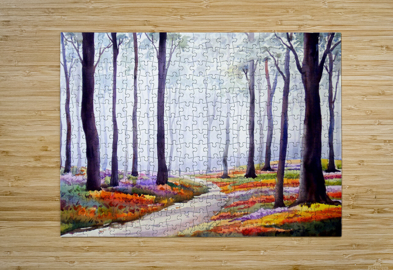 Misty Flowers Garden inside a Forest Watercolor Painting Samiran Sarkar Puzzle printing