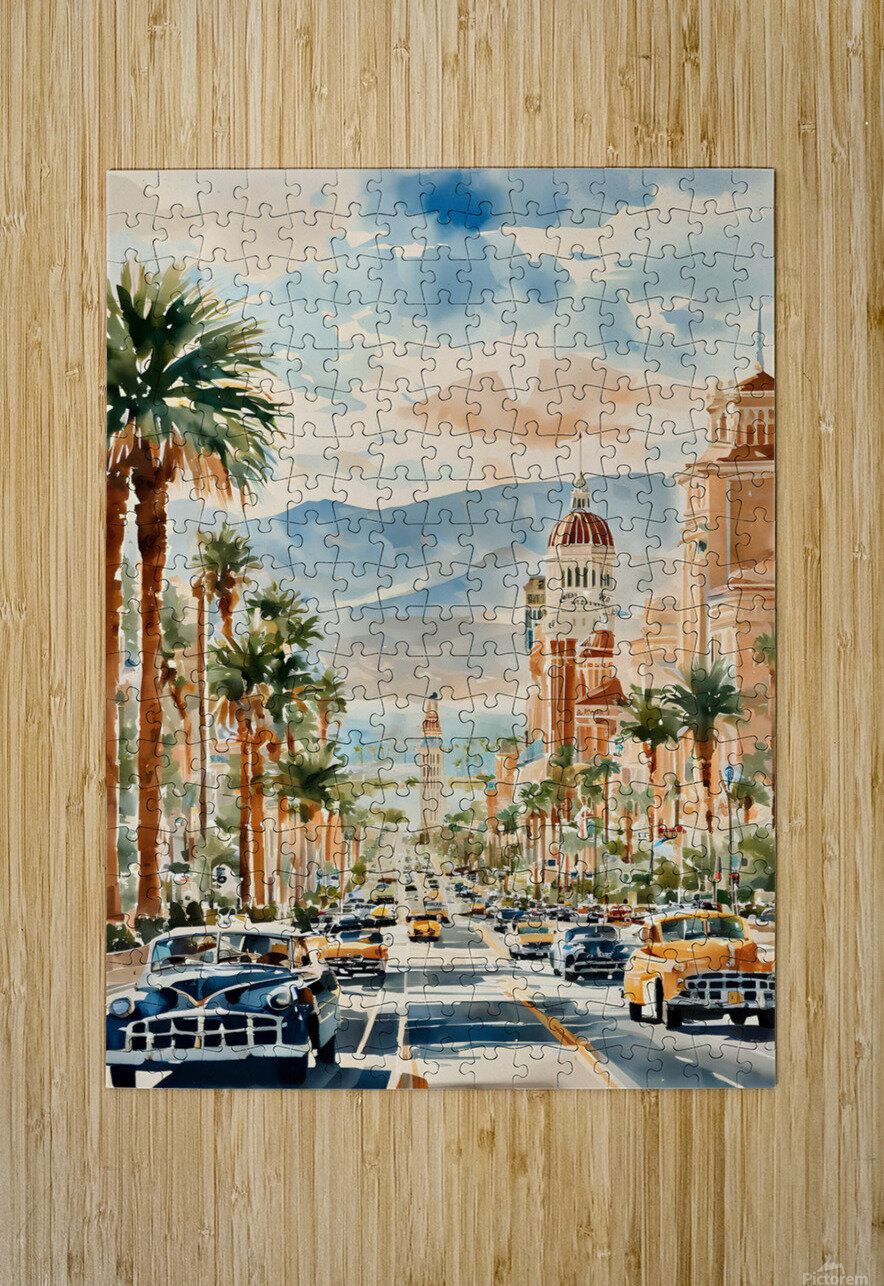 Watercolor Style Painting of Lively Las Vegas Boulevard with Iconic Clock Tower-UN44  topgallery Puzzle printing