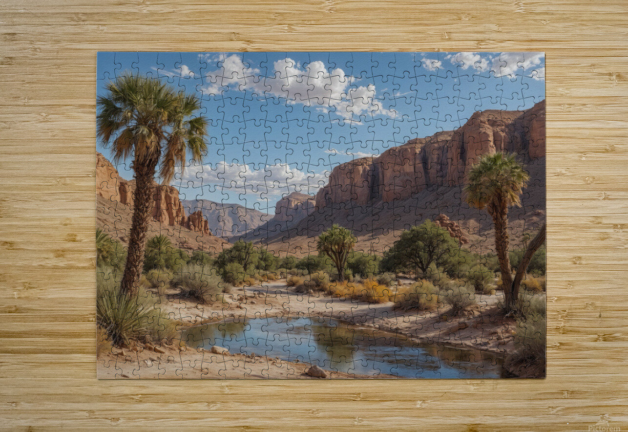 Serene Desert Landscape with Palm Trees and Stream Wildscape Creations Puzzle printing