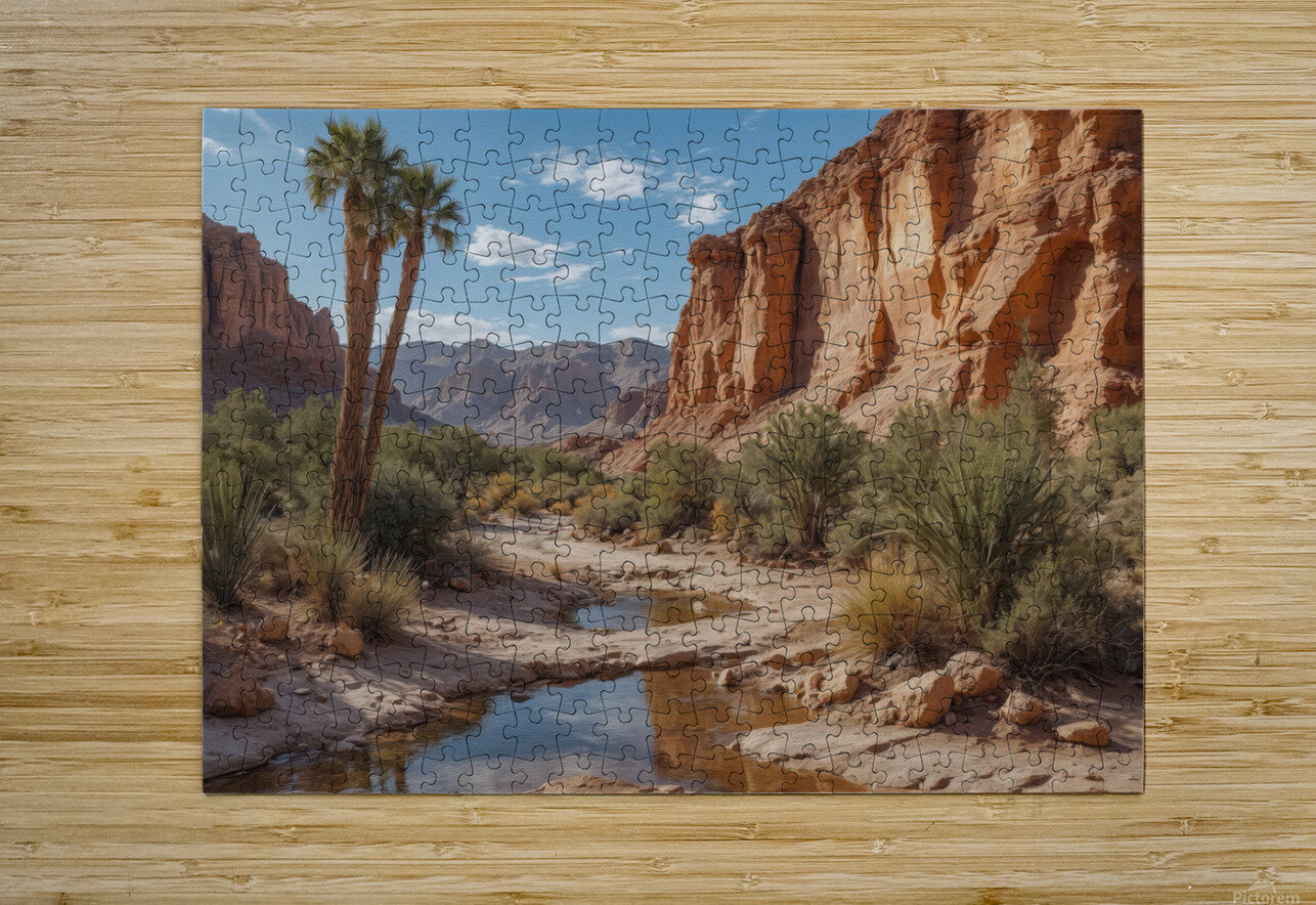Serene Desert Landscape with Stream and Palm Trees Wildscape Creations Puzzle printing