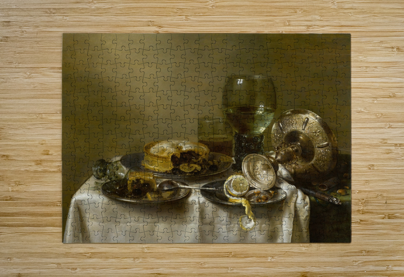 A still life with an overturned silver tazza. Glassware. Pies and a peeled lemon on a table [1633] by Willem Claesz Heda [1594–1680] MyCozyFineArt Puzzle printing