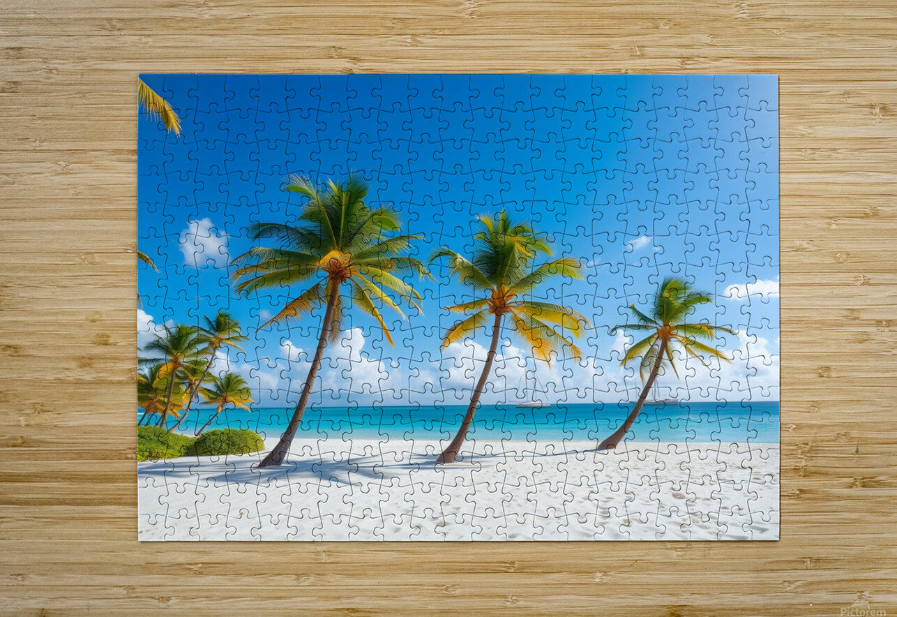 Tropical Paradise: White Sand Beach with Swaying Palm Trees and Yachts Carole Bally Puzzle printing