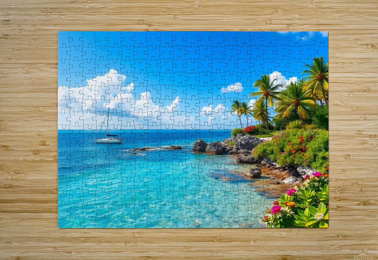 Tropical Paradise with Turquoise Waters Palm Trees and a Sailing Yacht Carole Bally Puzzle printing