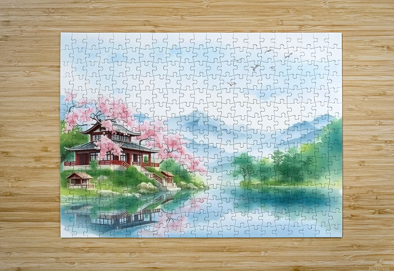 Tranquil Japanese Garden with Cherry Blossoms and Mountain Lake Carole Bally Puzzle printing