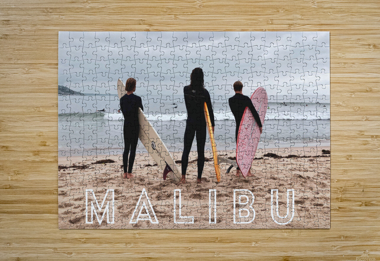 Three Surfers at Malibu with Text Leah McPhail Puzzle printing