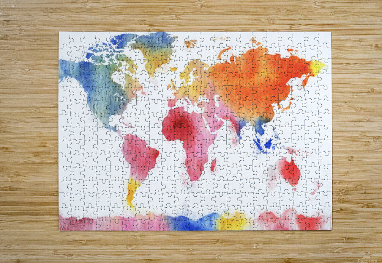 Watercolor Silhouette World Map Rainbow Sea Irina Sztukowski Puzzle printing