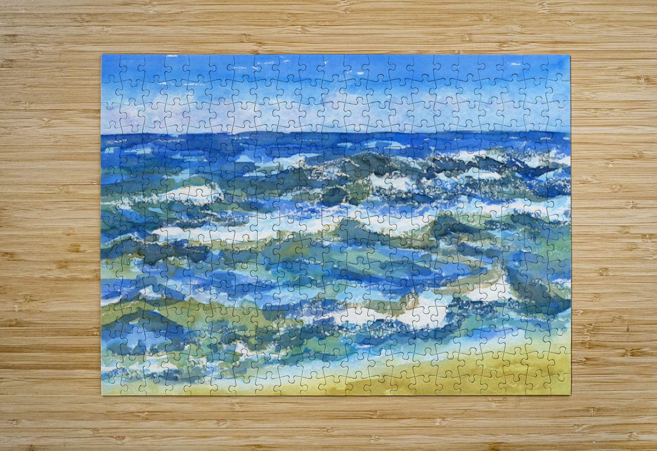 Blue ocean waves watercolor painting Karen Kaspar Puzzle printing