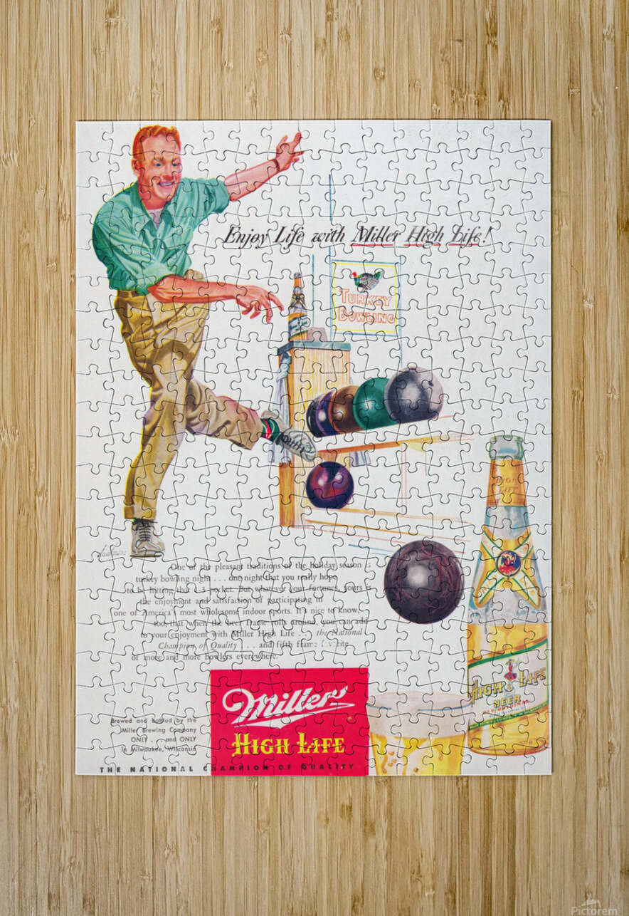 vintage miller beer advertisement bowling by Row One Brand