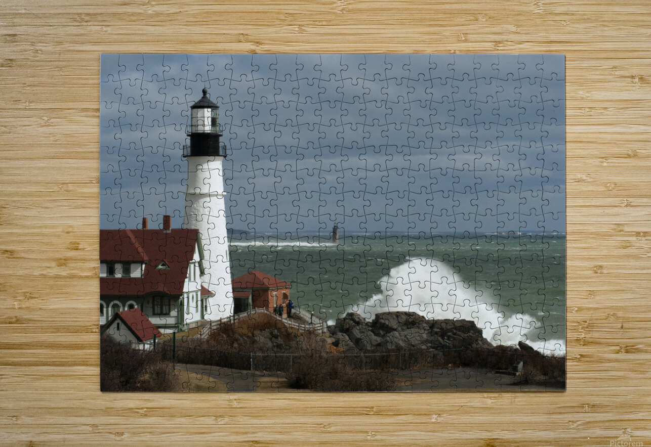 Waves Crash By Portland Head Lighthouse as Sun Breaks Through Clouds Allan Wood Puzzle printing