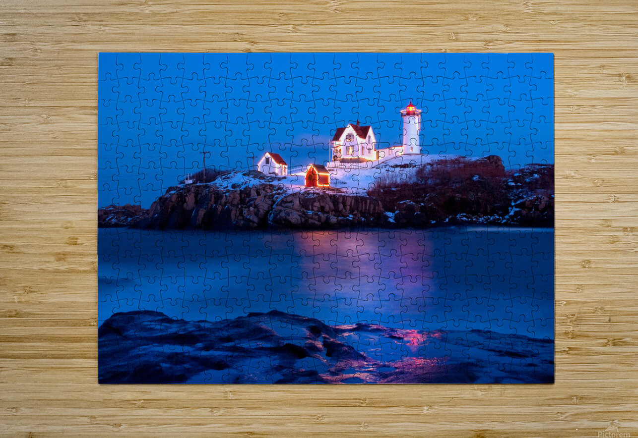Lighted Cape Neddick Nubble Lighthouse During the Holidays in Maine Allan Wood Puzzle printing