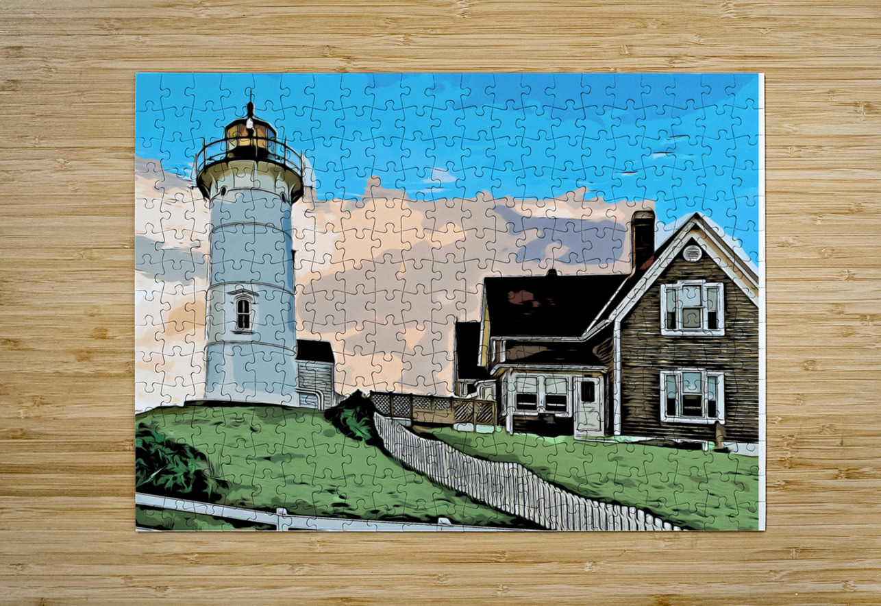 Sun Setting Behind Nobska Lighthouse on Cape Cod in Massachusetts - Illus. Allan Wood Puzzle printing