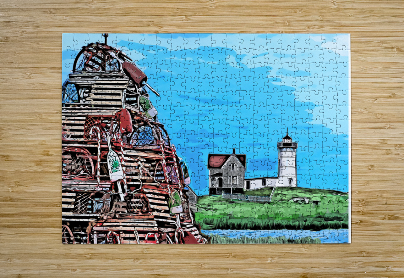Nubble Light Near Lobster Trap Holiday Tree in Maine -Illus. Allan Wood Puzzle printing