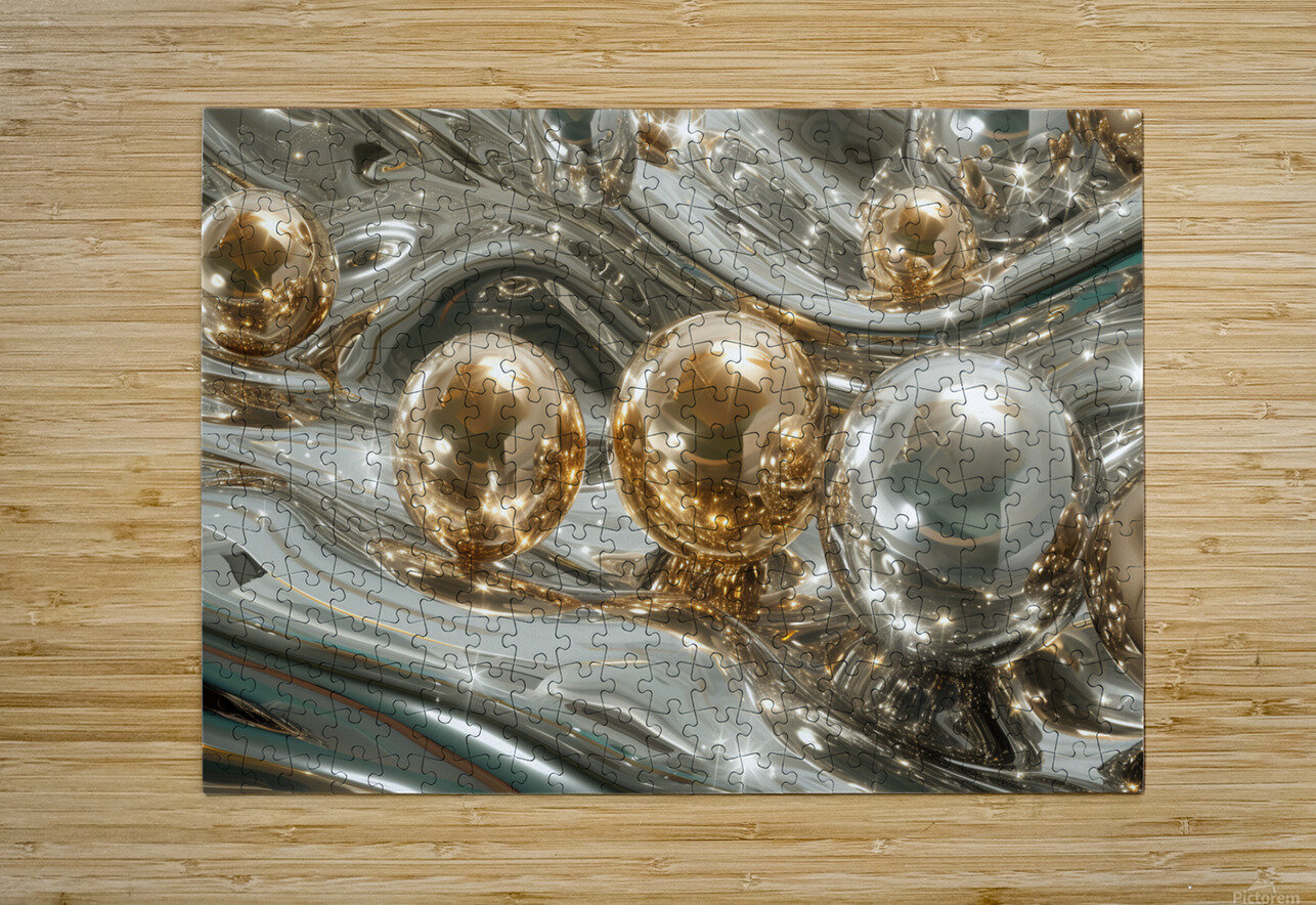Gold and silver spheres on the smooth metallic waves Krit of Studio OMG Puzzle printing