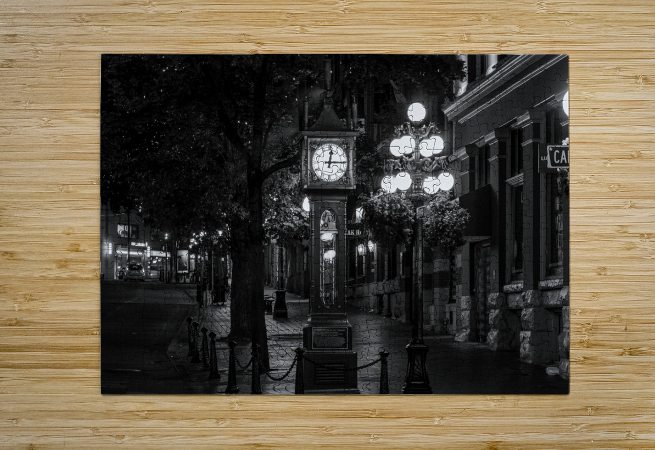 gastown steam clock water street at night  horizo Black And White Puzzle printing