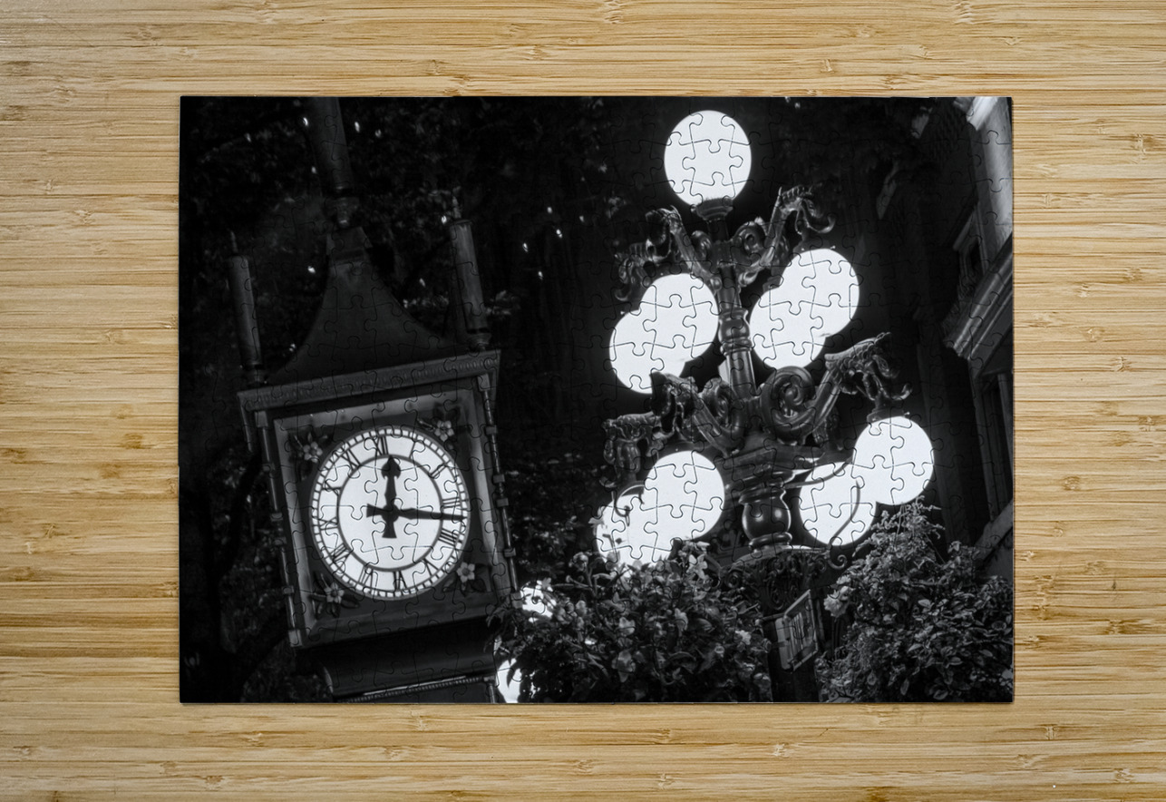 gastown steam clock at night  horizontal 2632 Gas Black And White Puzzle printing