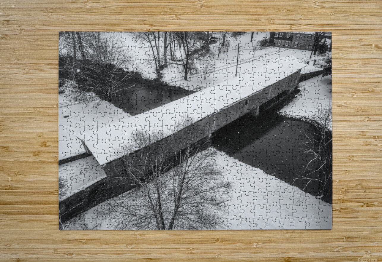 Black and White Snowy Bogert Covered Bridge Aerial Jason Fink Puzzle printing