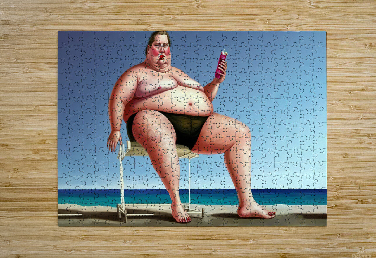 Ridiculous illustration of a man with a big belly on the beach Joaquin Corbalan Puzzle printing