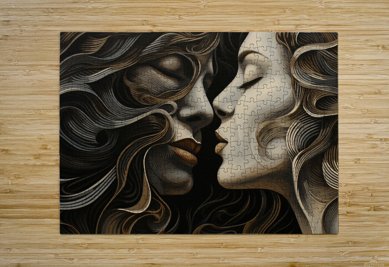 pharcry. a man and woman kiss each other while lo Jennifer Crawford Puzzle printing