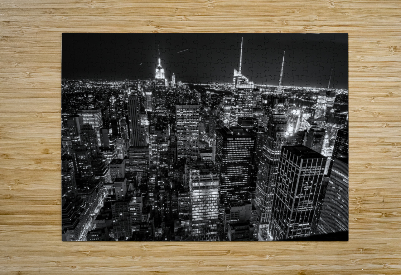 midtown from rockafeller center at night  horizon Black And White Puzzle printing