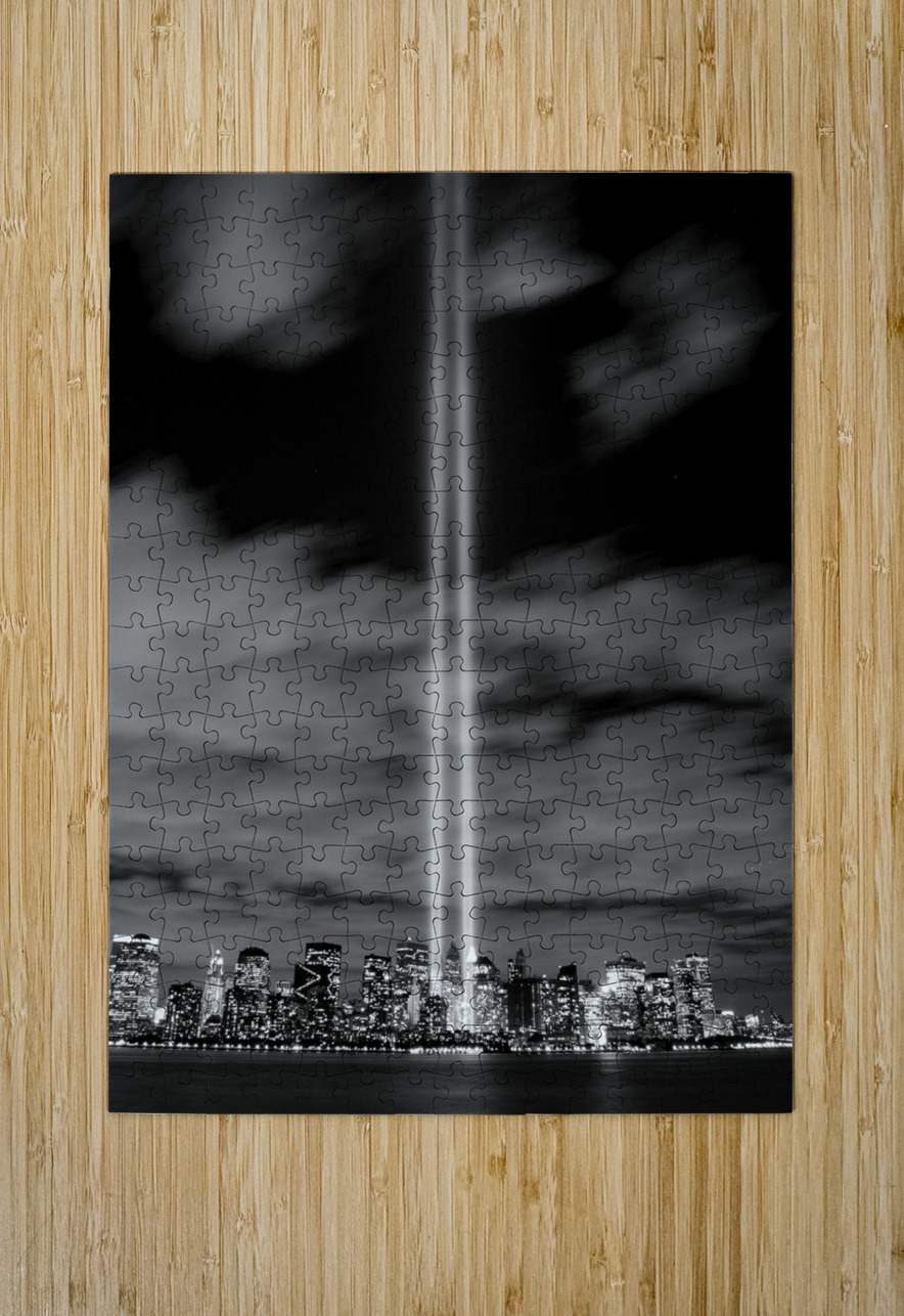 nyc skyline september 11 lights  vertical 388 Val Black And White Puzzle printing