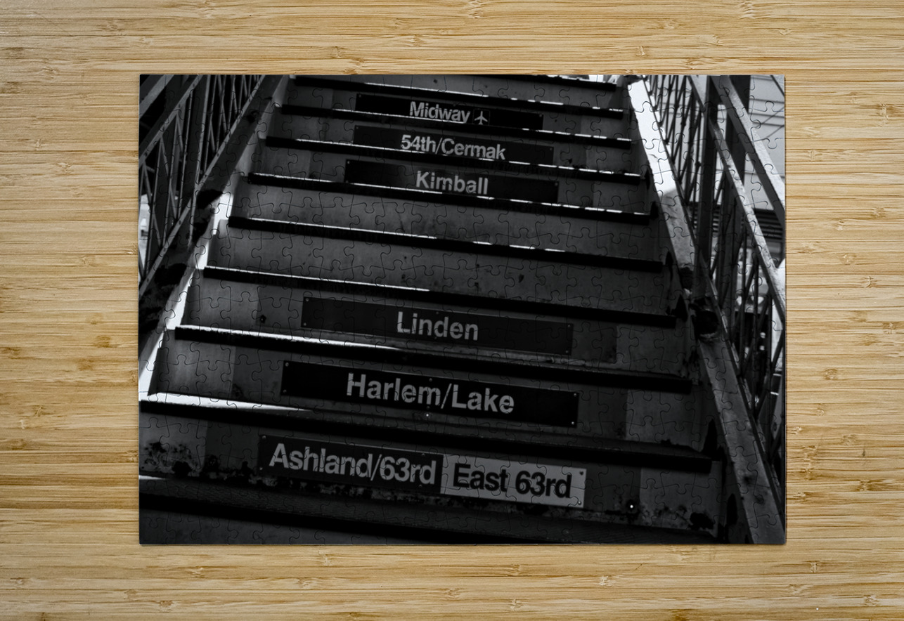 chicago L train stairs  horizontal 66 Kimball 13k Black And White Puzzle printing