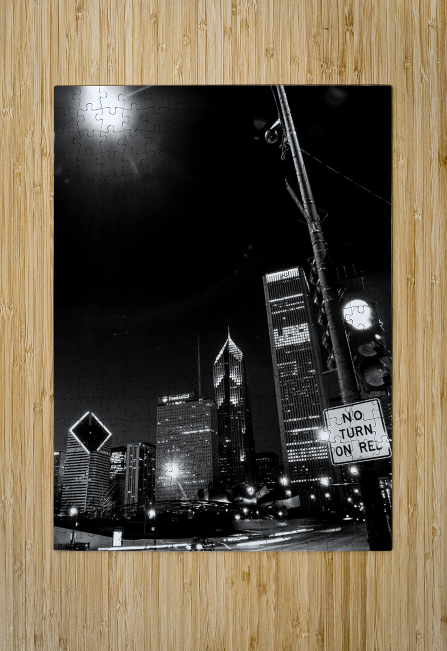 chicago skyline at night from columbus drive  ver Black And White Puzzle printing