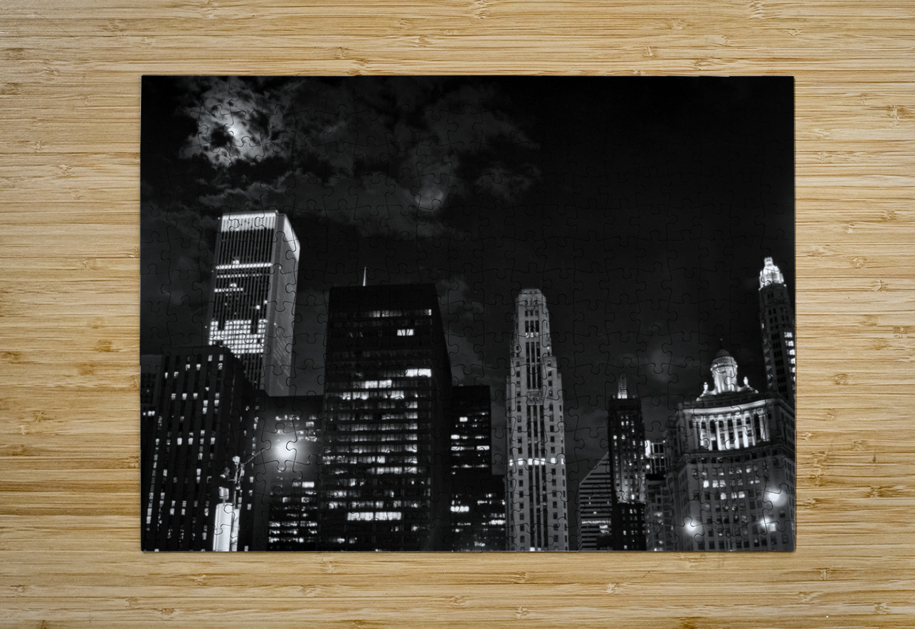 magnificent mile at night  horizontal 73 Michigan Black And White Puzzle printing