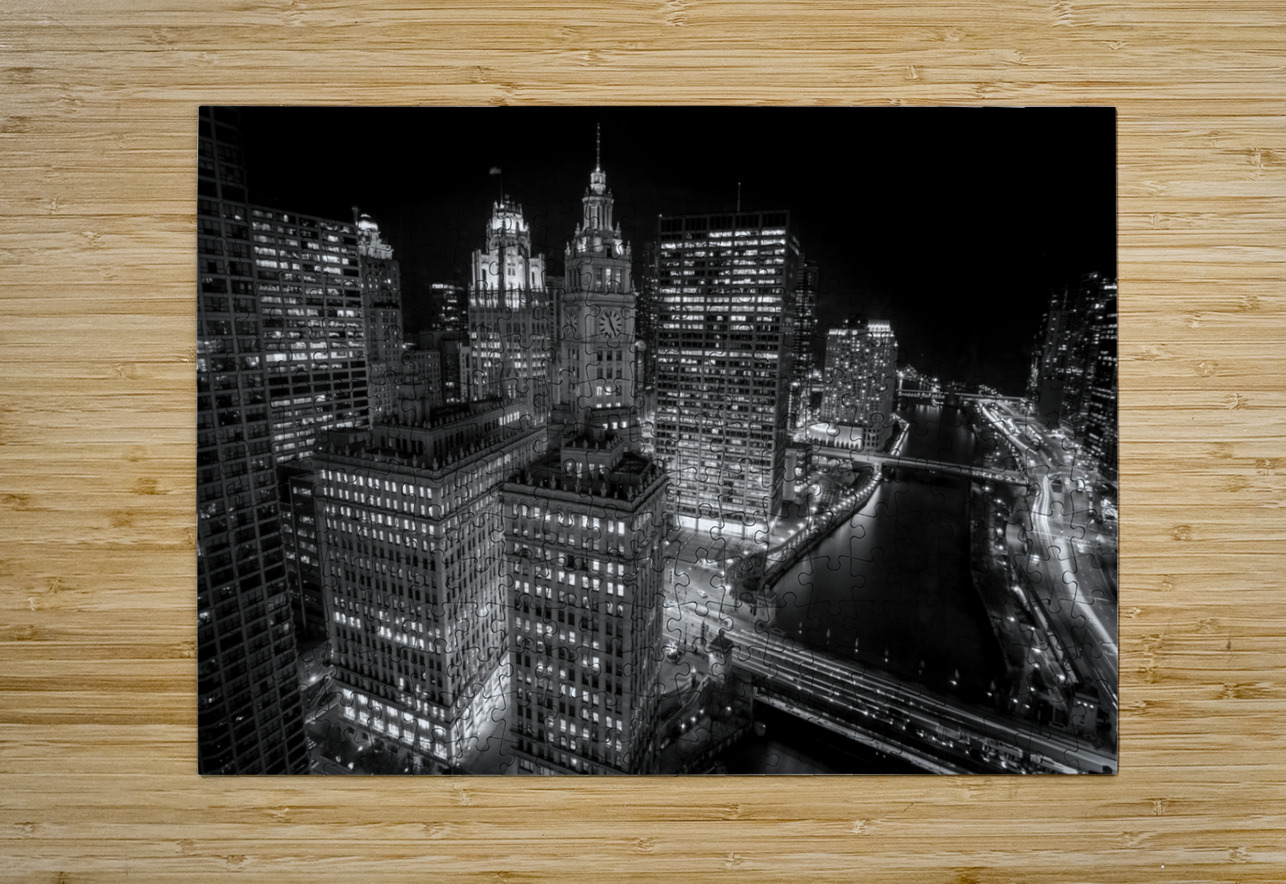 view from trum chicago at night  horizontal 2570 Black And White Puzzle printing