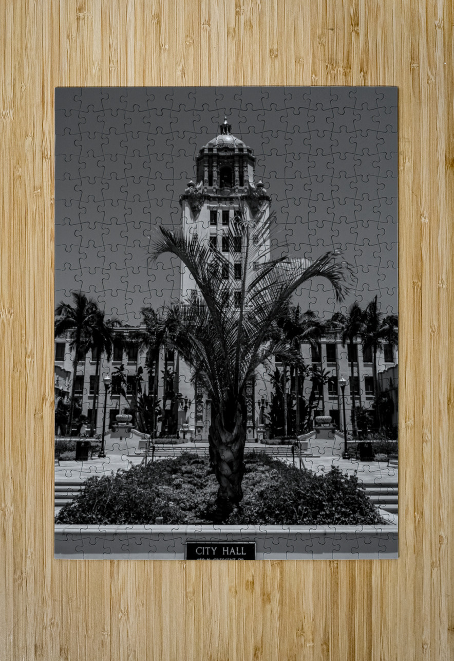 beverly hills city hall  vertical 2151 Crecent 13 Black And White Puzzle printing