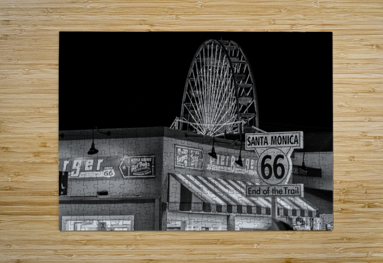 end of route 66 santa monica  horizontal 2198 Tra Black And White Puzzle printing