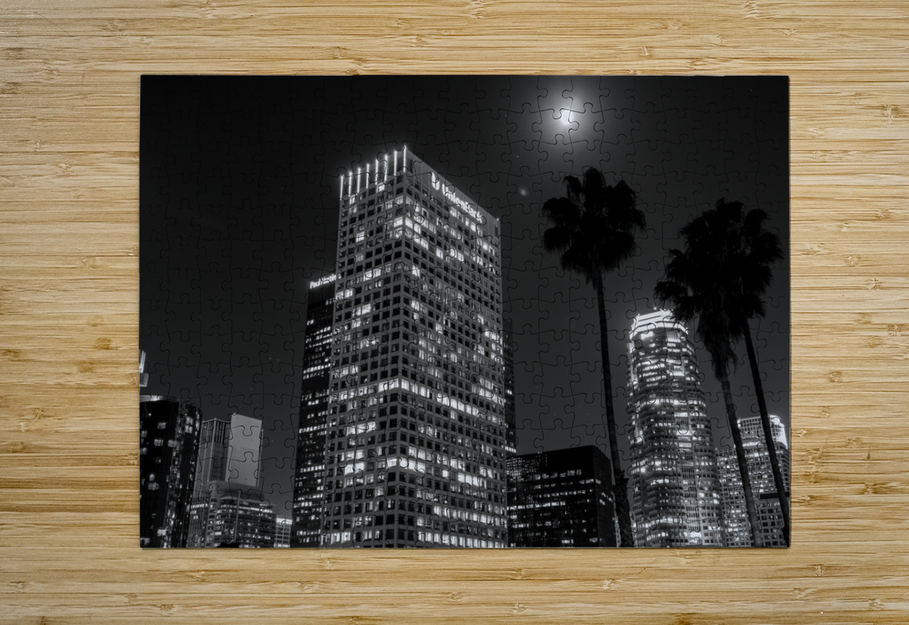 full moon over downtown los angeles  horizontal 2 Black And White Puzzle printing