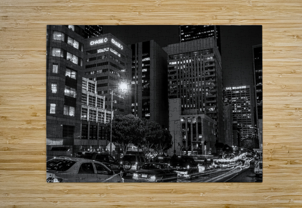 wilshire boulevard and figueroa at night  horizon Black And White Puzzle printing