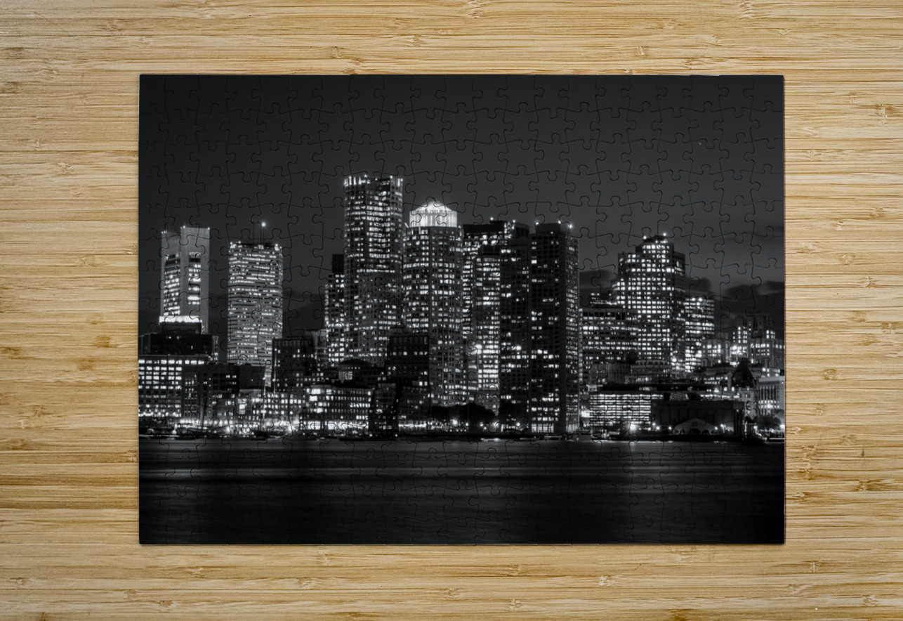 boston skyline night  horizontal 1249 Boston 13k. Black And White Puzzle printing