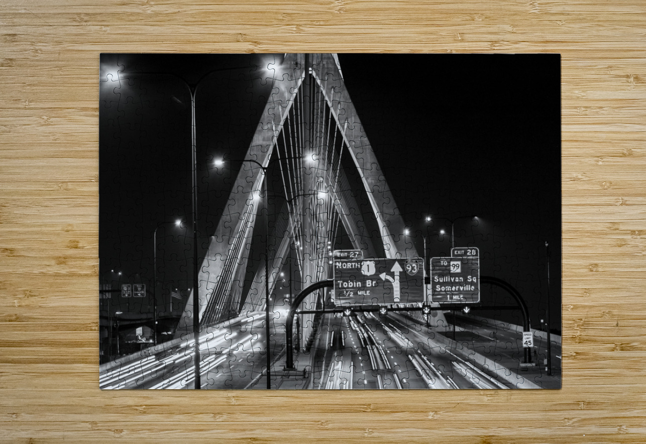 bunker hill bridge night traffic  horizontal 45 T Black And White Puzzle printing