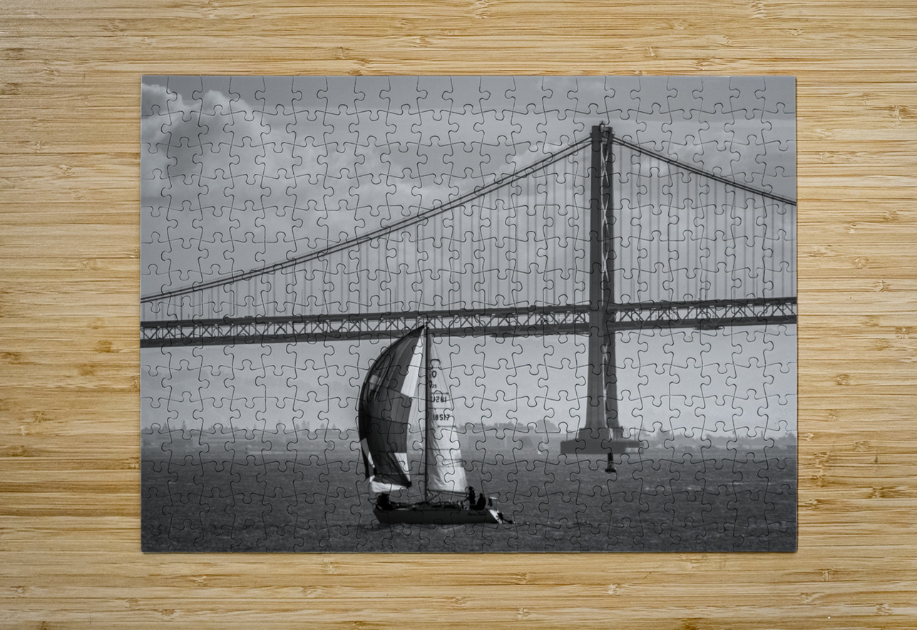 bay bridge and full sail boat  horizontal 2766 Br Black And White Puzzle printing