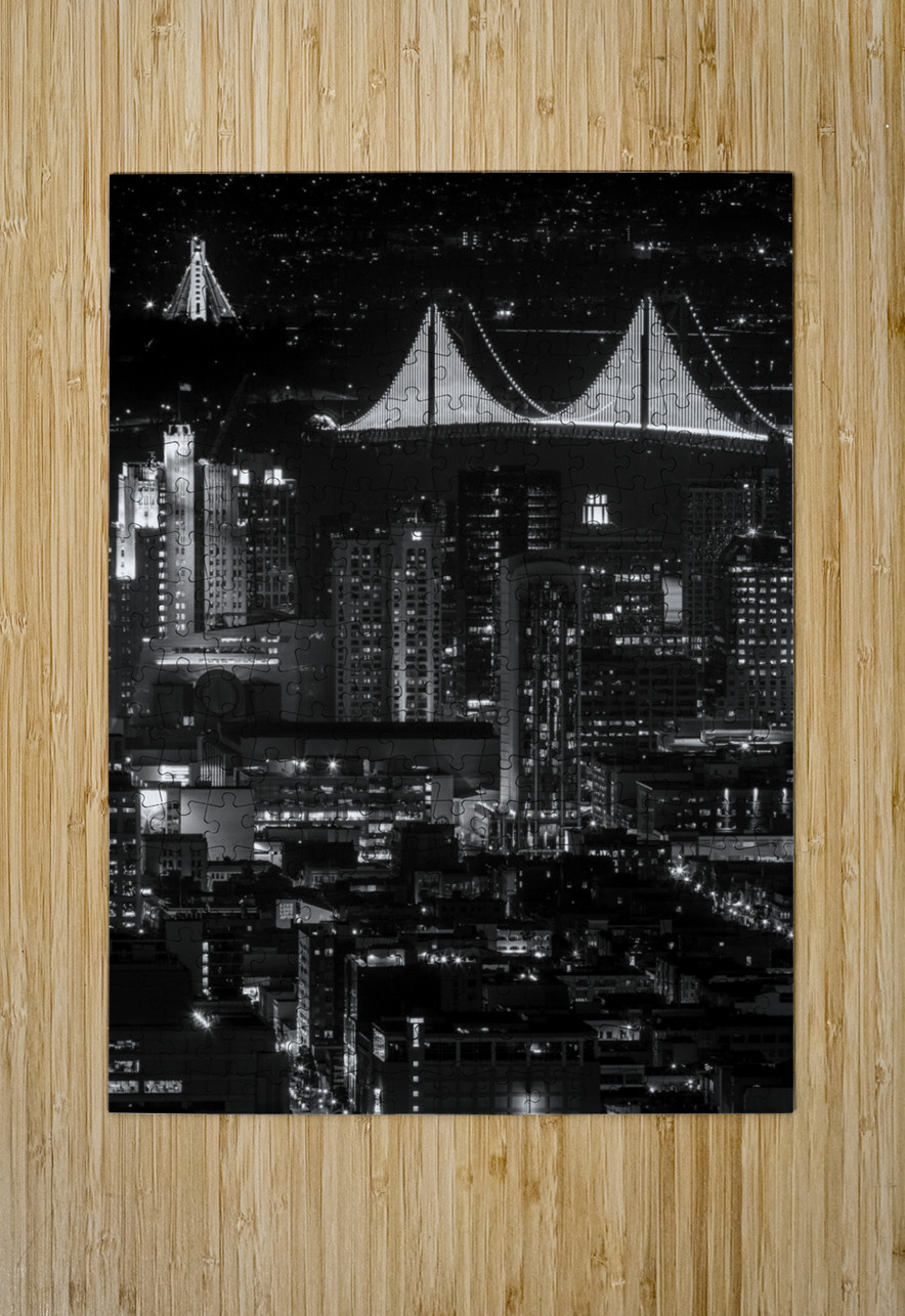 fully illuminated bay bridge night  vertical 2941 Black And White Puzzle printing
