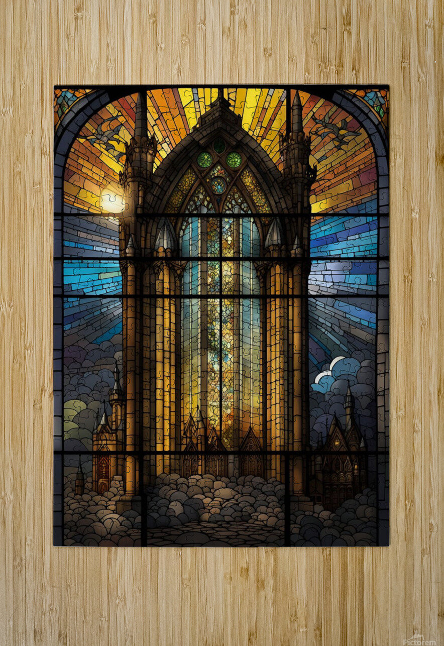 stained glass window artistic light scene castle. Ravend Puzzle printing