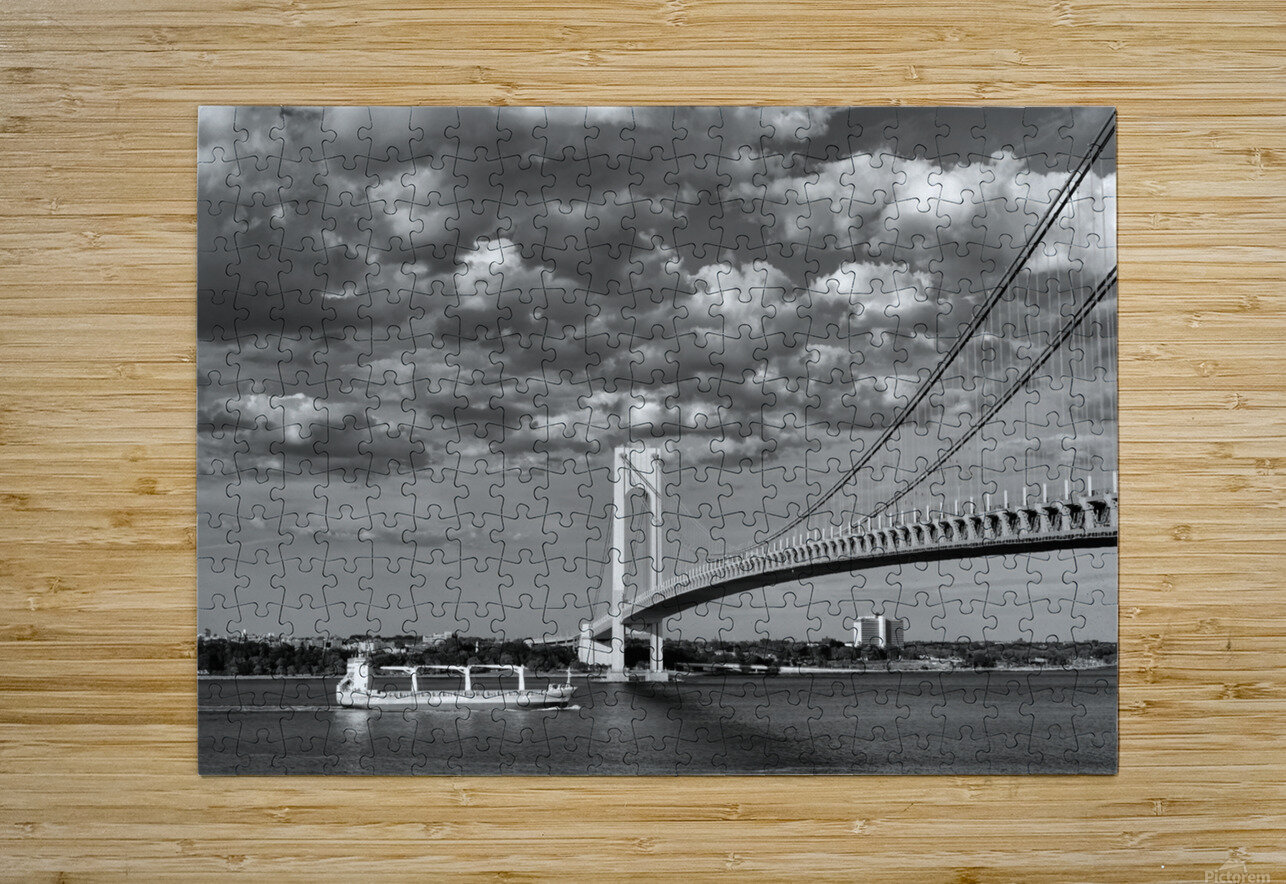 Verrazzano Bridge and Cargo Ship B W Jerry Fornarotto Puzzle printing