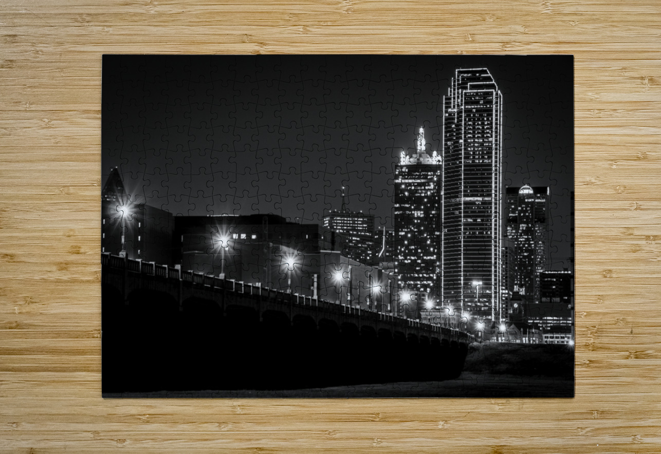 commerce street dallas texas at night  horizontal Black And White Puzzle printing