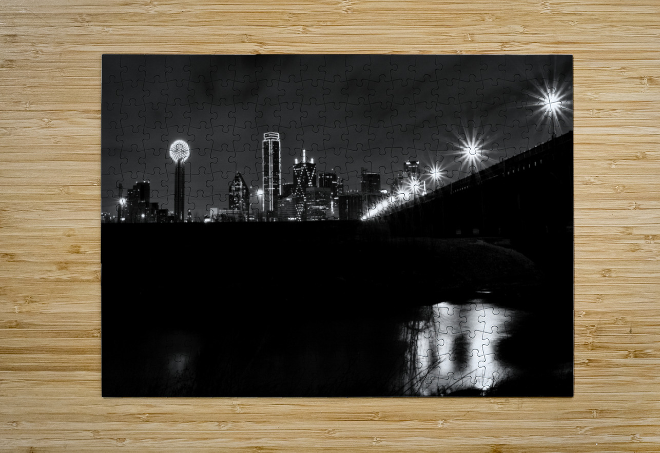 dallas skyline from trinity riverbed  horizontal Black And White Puzzle printing