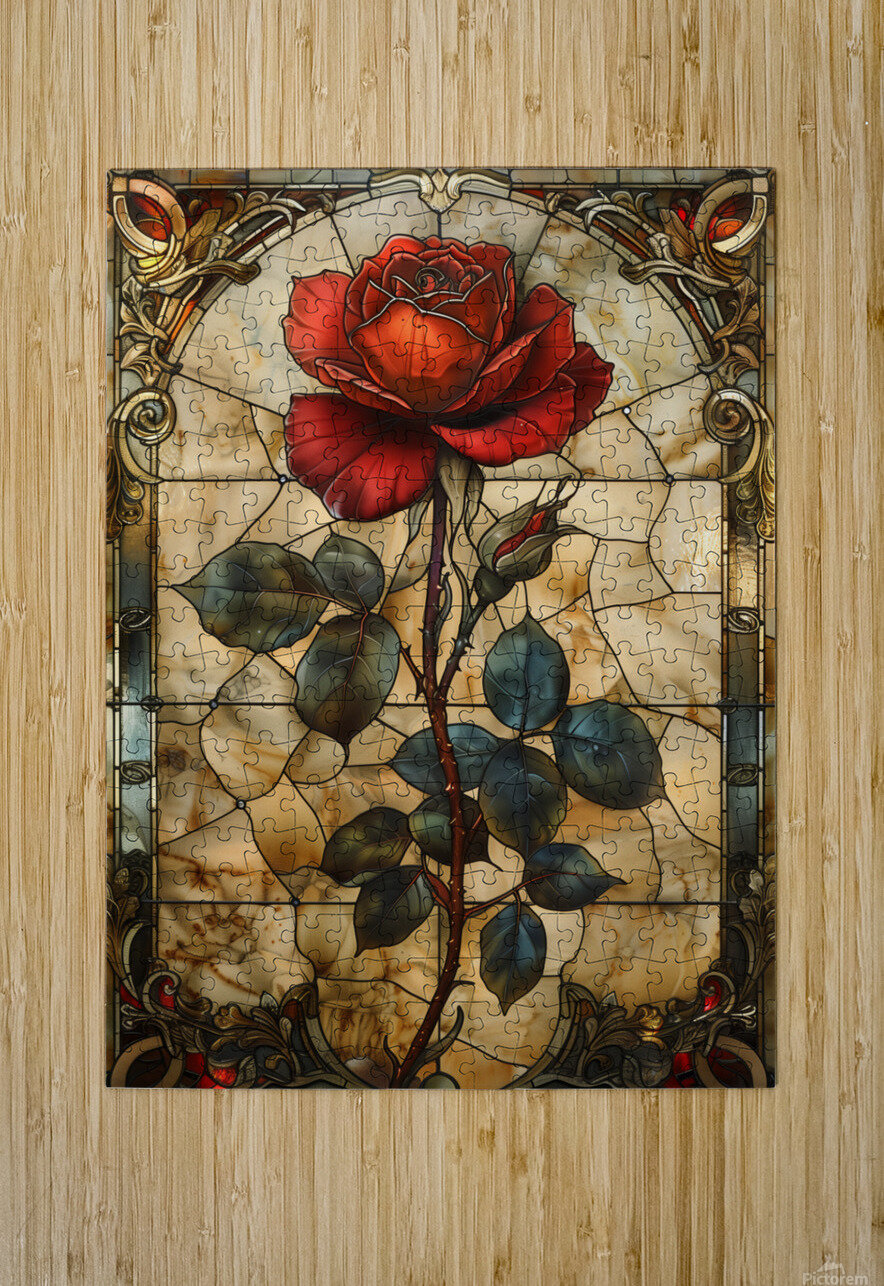 Crimson Elegance Stained Glass Red Rose Anne Laure GOUPIL Puzzle printing