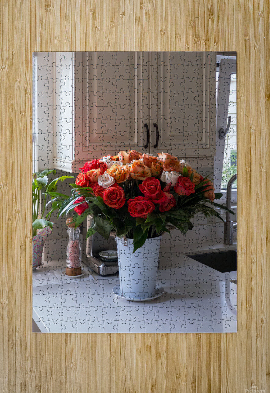 Bouquet of beautiful roses on the marble table in a kitchen ImageNet Puzzle printing
