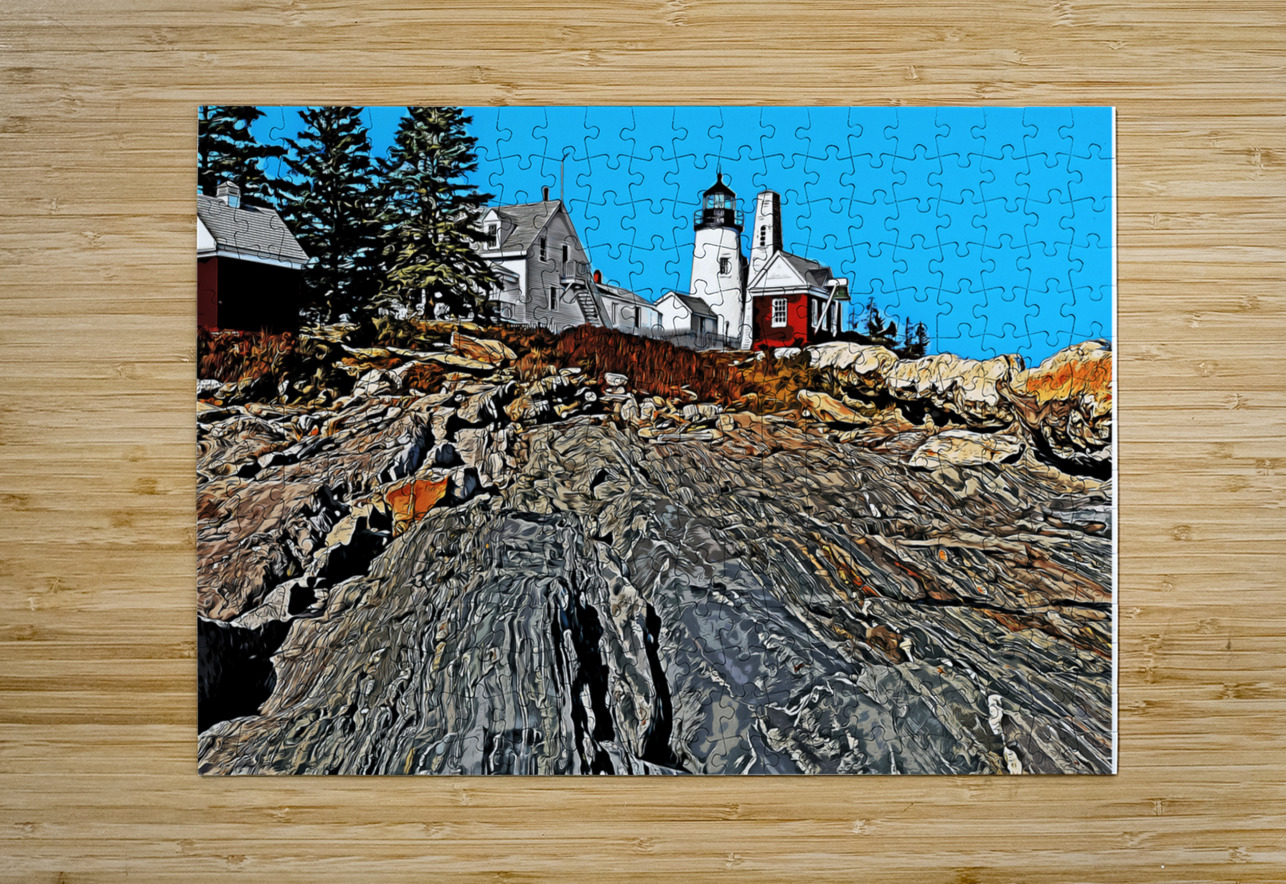 Pemaquid Lighthouse Over Rock Formations in Maine - Illus. Allan Wood Puzzle printing