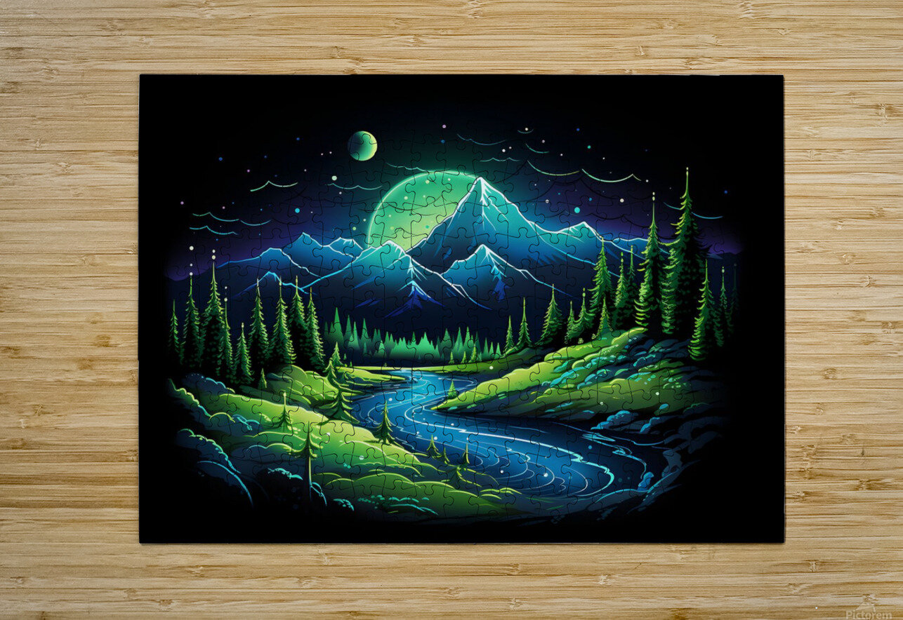 nature neon green blue mountains river trees dark Sastroredjo Puzzle printing