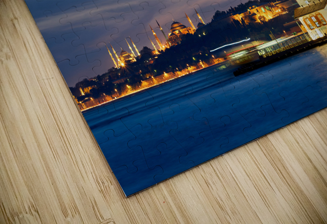 Istanbul Turkey. The Maidens tower on the Bosphorus and Blue Mosque Hagia Sophia at sunset Marco Brivio Puzzle