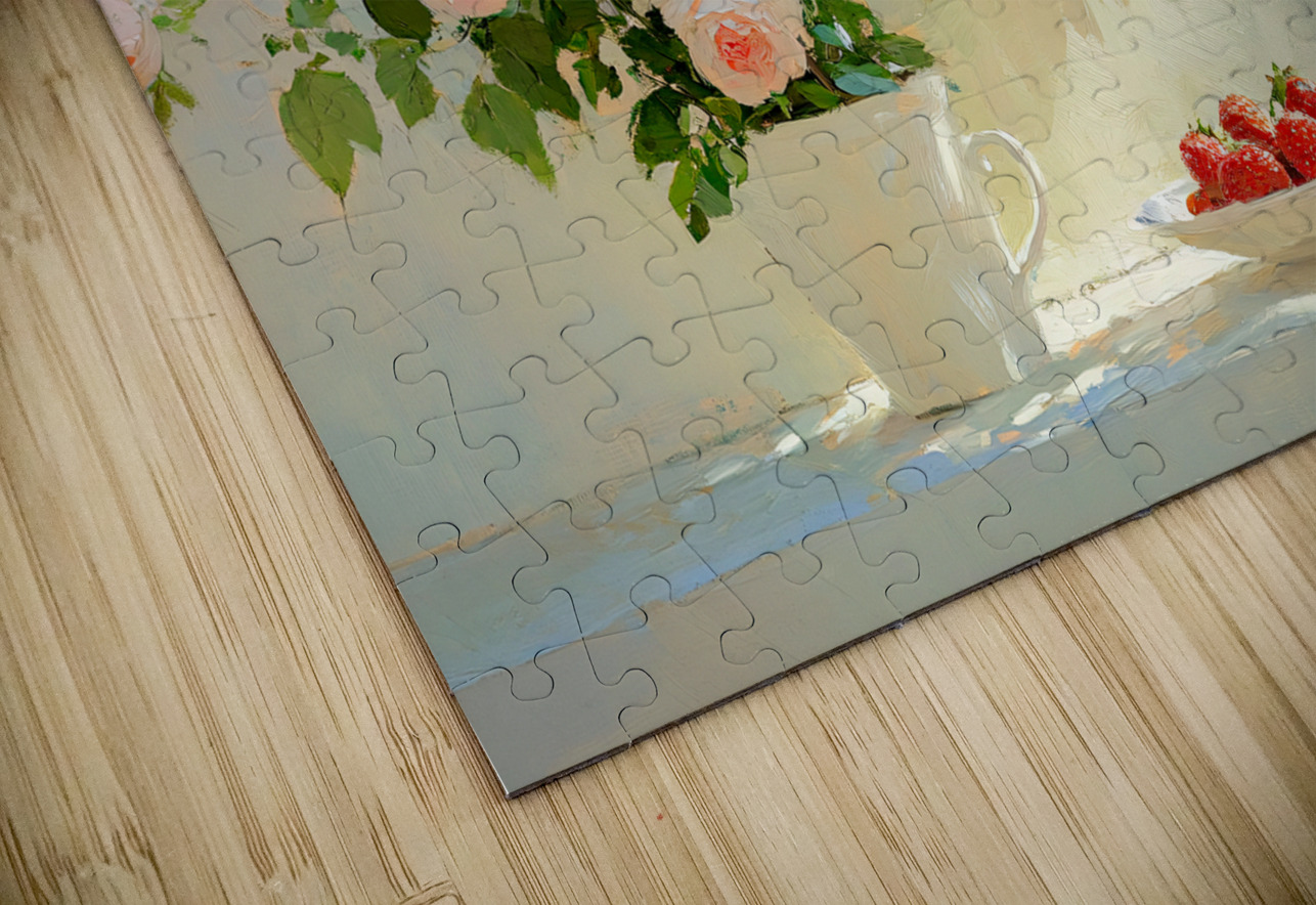 Still Life Pink Roses and Strawberries by a Window Travelling Light Puzzle