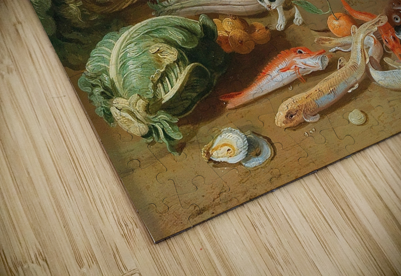 A kitchen still life with fish. Vegetables and a cat by Pseudo Jan van Kessel II MyCozyFineArt Puzzle