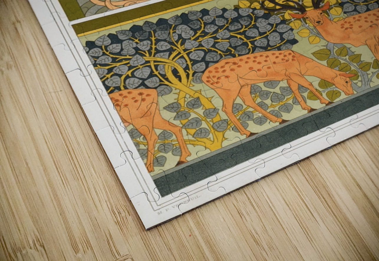 Cygnes et sagittaire. Bordure. Pappillons et feuillages. étoffe. Cerfs et biches. Frise. [1897] by Maurice Pillard Verneuil [1869–1942] MyCozyFineArt Puzzle