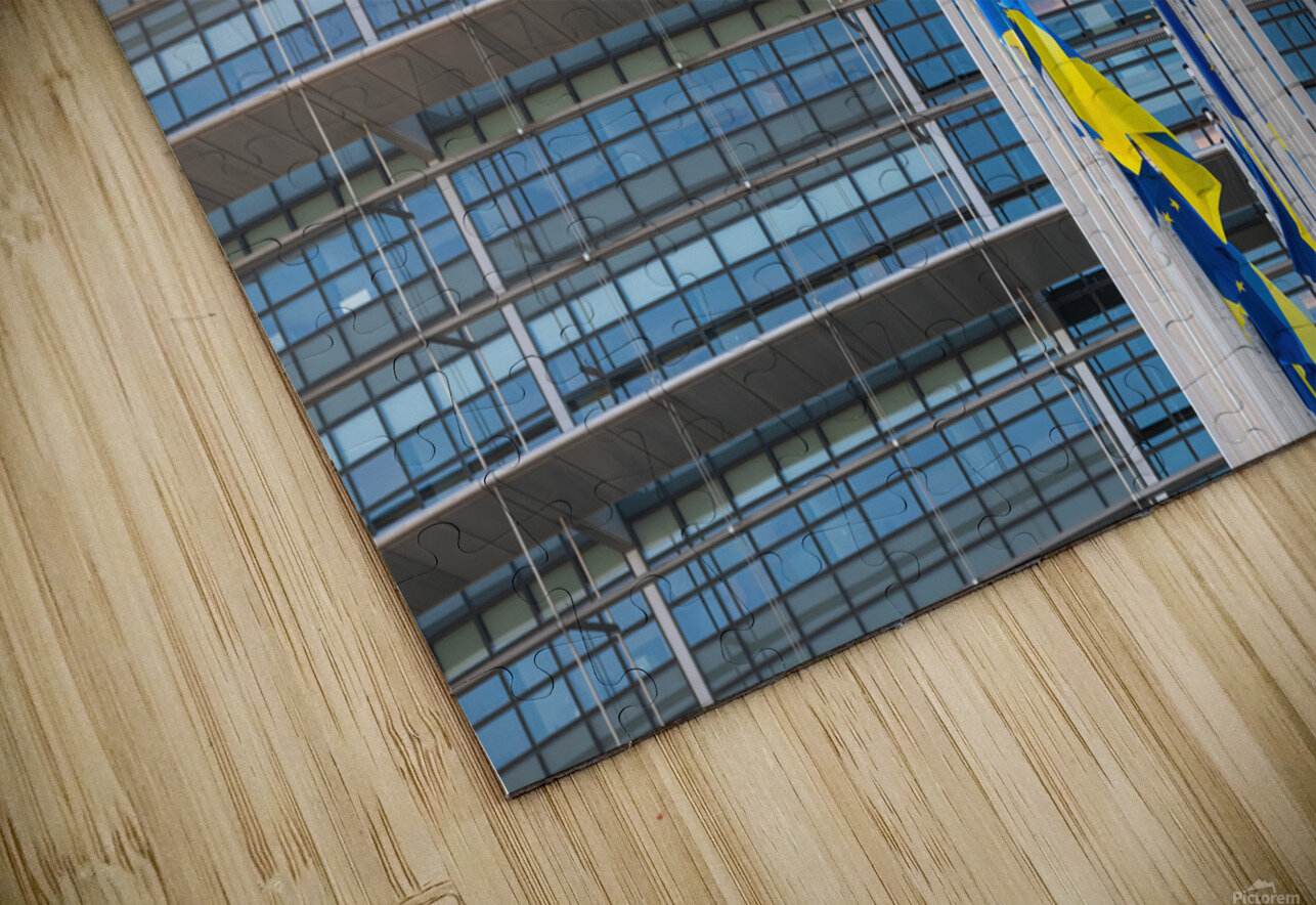 Front view of Ukrainian flag flies next to the Flag of Europe in front of Parliament building Adrian H  Puzzle