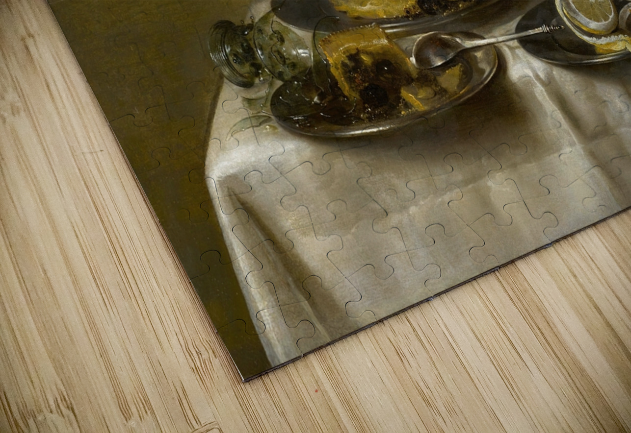 A still life with an overturned silver tazza. Glassware. Pies and a peeled lemon on a table [1633] by Willem Claesz Heda [1594–1680] MyCozyFineArt Puzzle